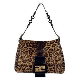 Fendi Brown Leopard Pony Hair w Black Patent Leather Trim Mamma Baguette Bag